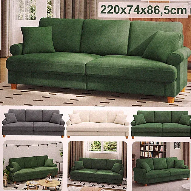 3 Sitzer Sofa 220CM Chenille Sofa Wohnzimmer Modernes Bequemes Couch m. 2 Kissen