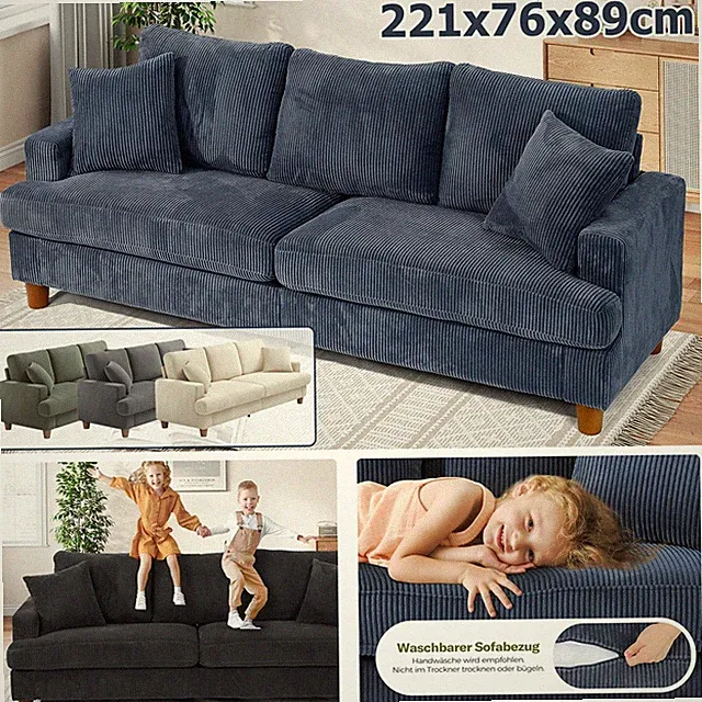 3 Sitzer Sofa Corduroy Sofa Bequeme Dreisitzer mit 2 Kissen für das Wohnzimmer