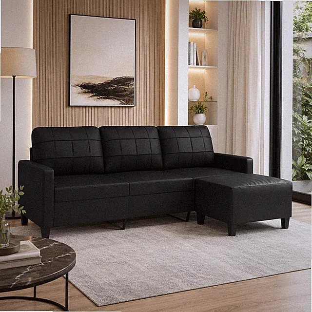 3-Sitzer Sofa Kunstleder Couch Polstersofa Wohnzimmercouch Hocker Schwarz