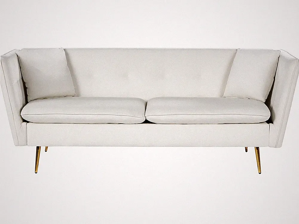 3-Sitzer Sofa Samtstoff creme weiß mit 2 Dekokissen Metallbeine Glam Frederica