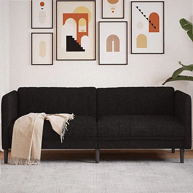 3-Sitzer Sofa Schwarz Stoff dick gepolstert Massivholz Holz Wohnzimmergarnitur