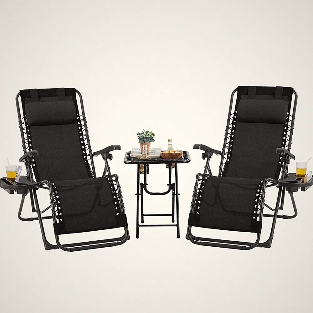 3 Stk. Gartenmöbel-Set 2 × Zero-Gravity-Liegestuhl mit Auflage & 1 × Klapptisch