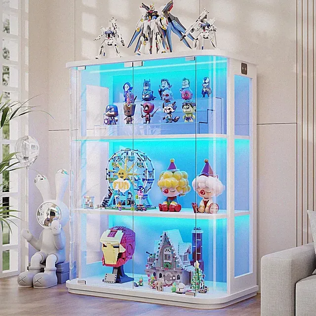 3-stöckige runde Vitrine mit Glastür, transparenter Schrank mit LED Beleuchtung