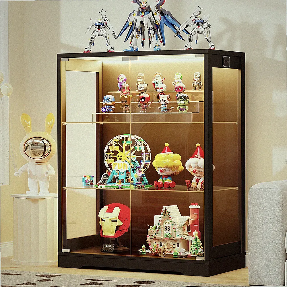 3-stöckige Vitrine mit Glastüren und 3-Farben LED-Beleuchtung für Sammlerstücke