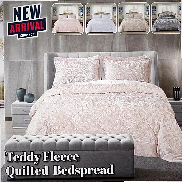 3 Stück Gesteppte Tagesdecke Teddy Fleece Überwurf Blumen Bettwäsche Set Double King Grau