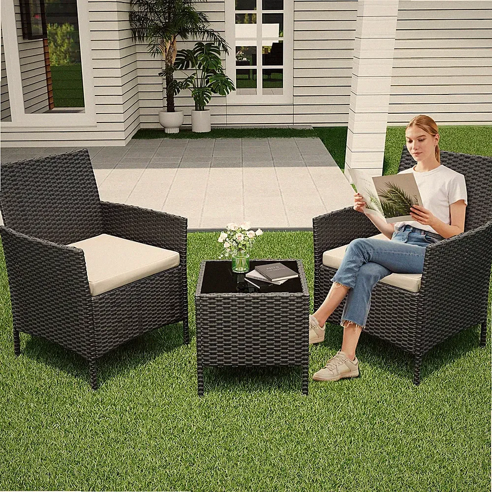 3-teilig Set Rattan Gartenmöbel Set, Balkonmöbel, Lounge, 2 Sessel&Tisch Schwarz