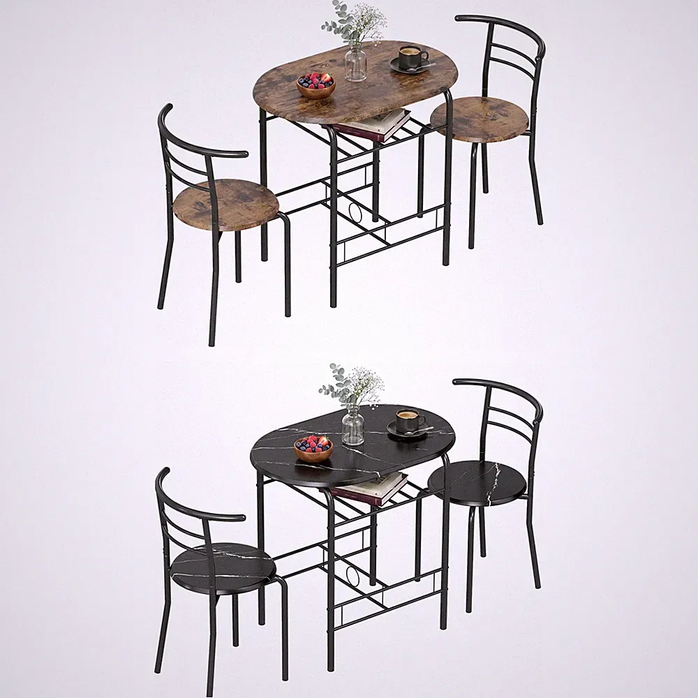 3-teilige Essgruppe Esstisch mit 2 Stühlen, Ablageregal Refurbished