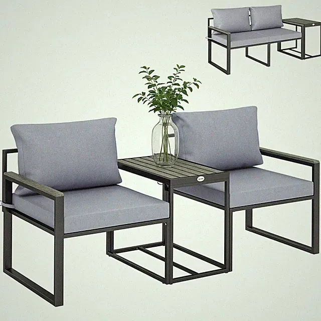 3-teiliges Balkonmöbel Set 2 Sessel mit Tisch abnehmbar Sitz-& Rückenkissen