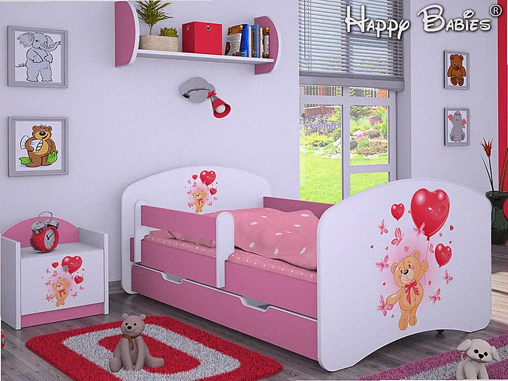 3 teiliges Set Jugendzimmer Kindermöbel "Bär mit Luftballons'' rosa 160x80