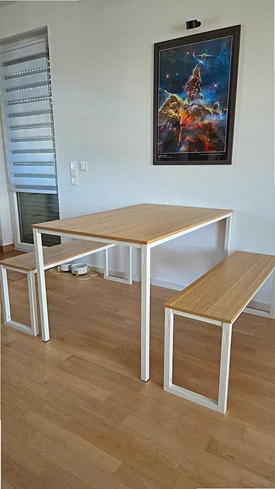 3-tlg. Esstisch-Set mit 2 Bänken, Holzoptik hell, weißes Metallgestell