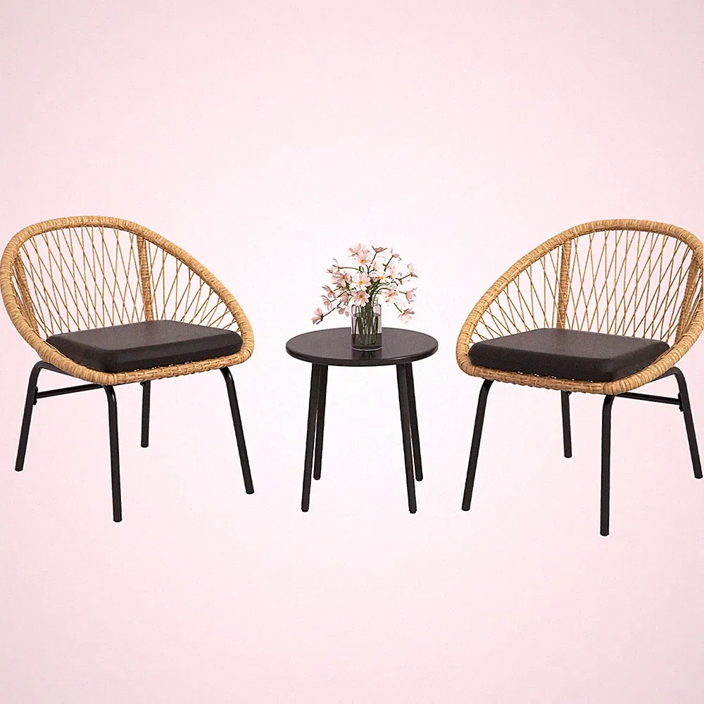3-tlg. Rattan Gartenmöbel-Set, Balkonmöbel-Set mit Couchtisch, 2 Stühlen Gelb