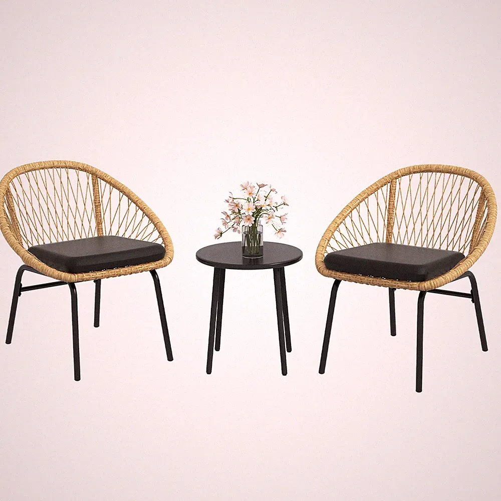 3-tlg. Rattan Gartenmöbel-Set, Balkonmöbel-Set mit Couchtisch, 2 Stühlen Gelb