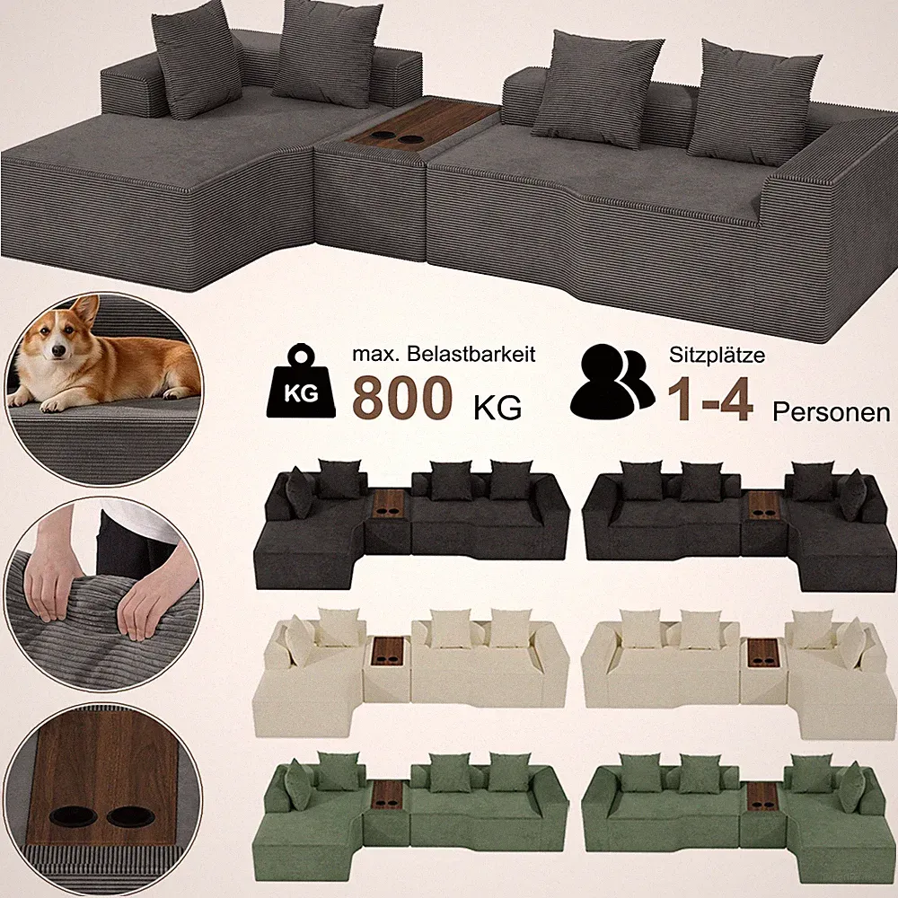 320cm Ecksofa L-Form Modulares Cord Sofa Couch mit Schlaffunktion Couchtisch DE