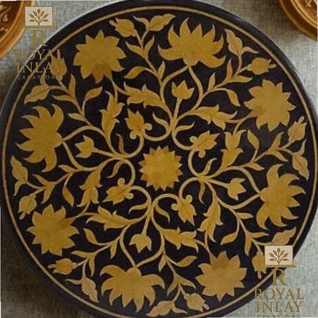 36 " Rund Pietra Dura Inlay Tisch Schwarz Marmorsockel – Halbedel- Stein Tisch
