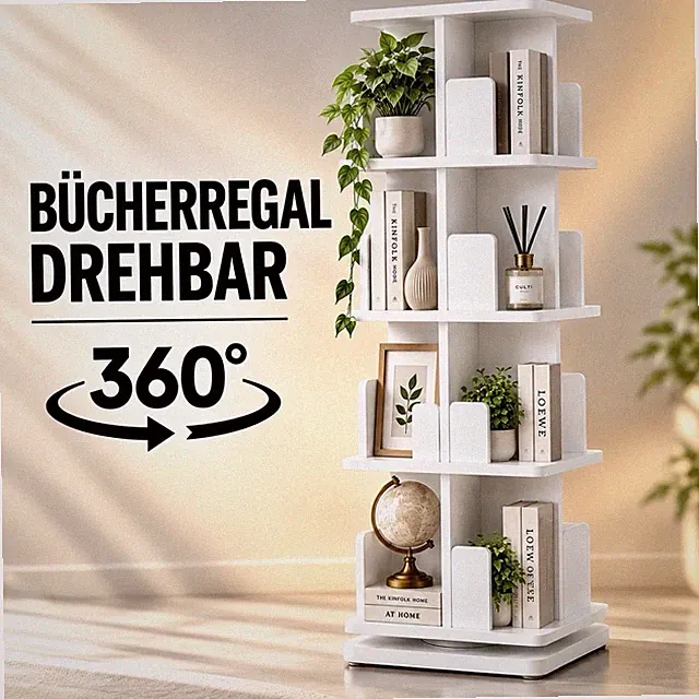 360° Drehregal Bücherregal – 4 Ebenen, 128 cm, MDF, Weiß/Holzoptik