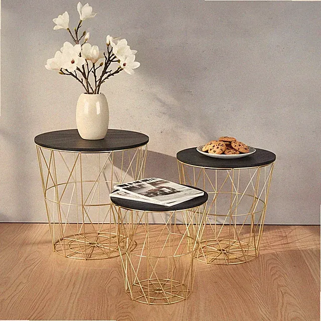 3er Set Beistelltisch Metall Metallkorb Drahtkorb Gold Schwarz Couchtisch Deckel