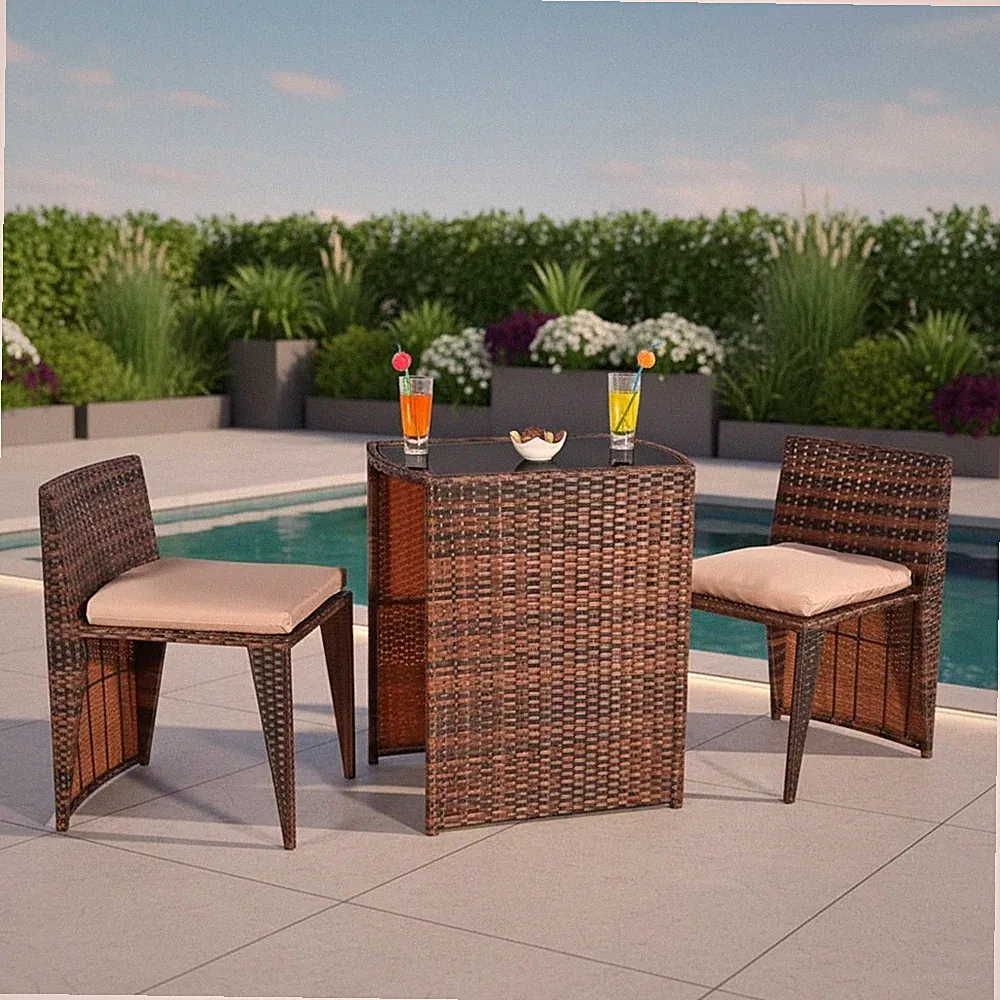 3er Set Gartenmöbel 2 Sitzhocker und Tisch aus Poly Rattan in Braun Sitzgarnitur