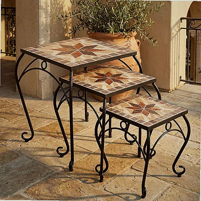 3er Set Hocker Beistelltische Garten schwarz bunt Keramik Stahl Mosaik Blumen