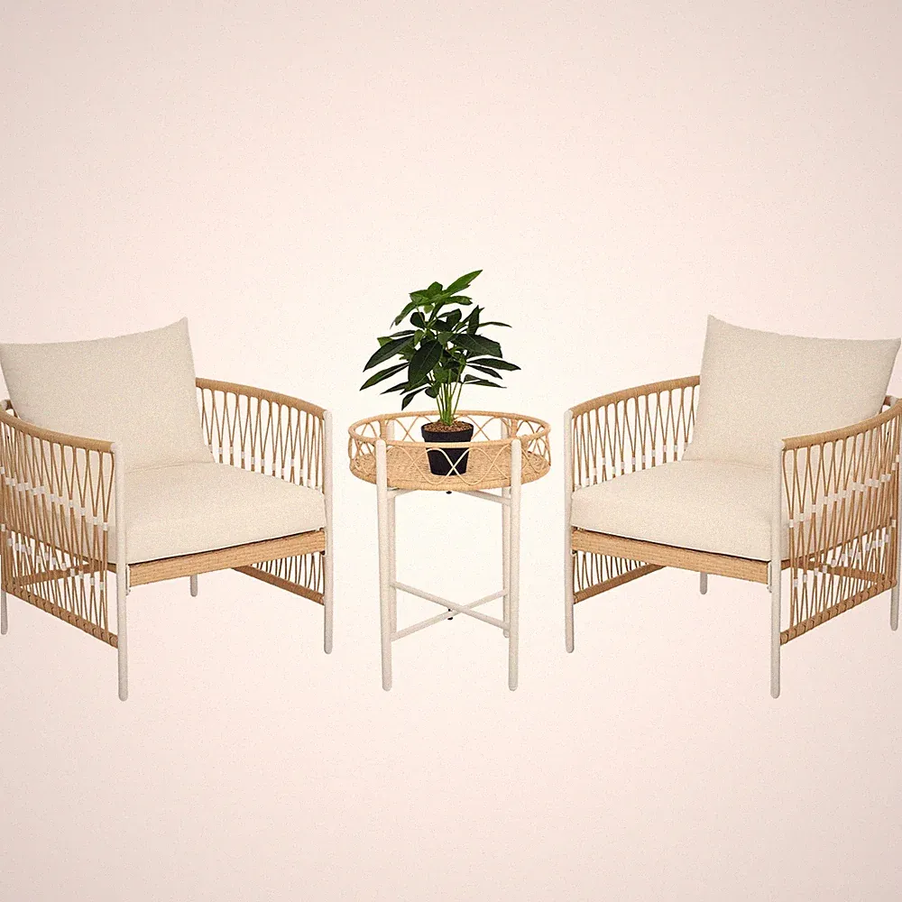 3er Set Rattan Gartenmöbel-Set, Gartengarnitur mit 2 Gartenstühle, Beistelltisch