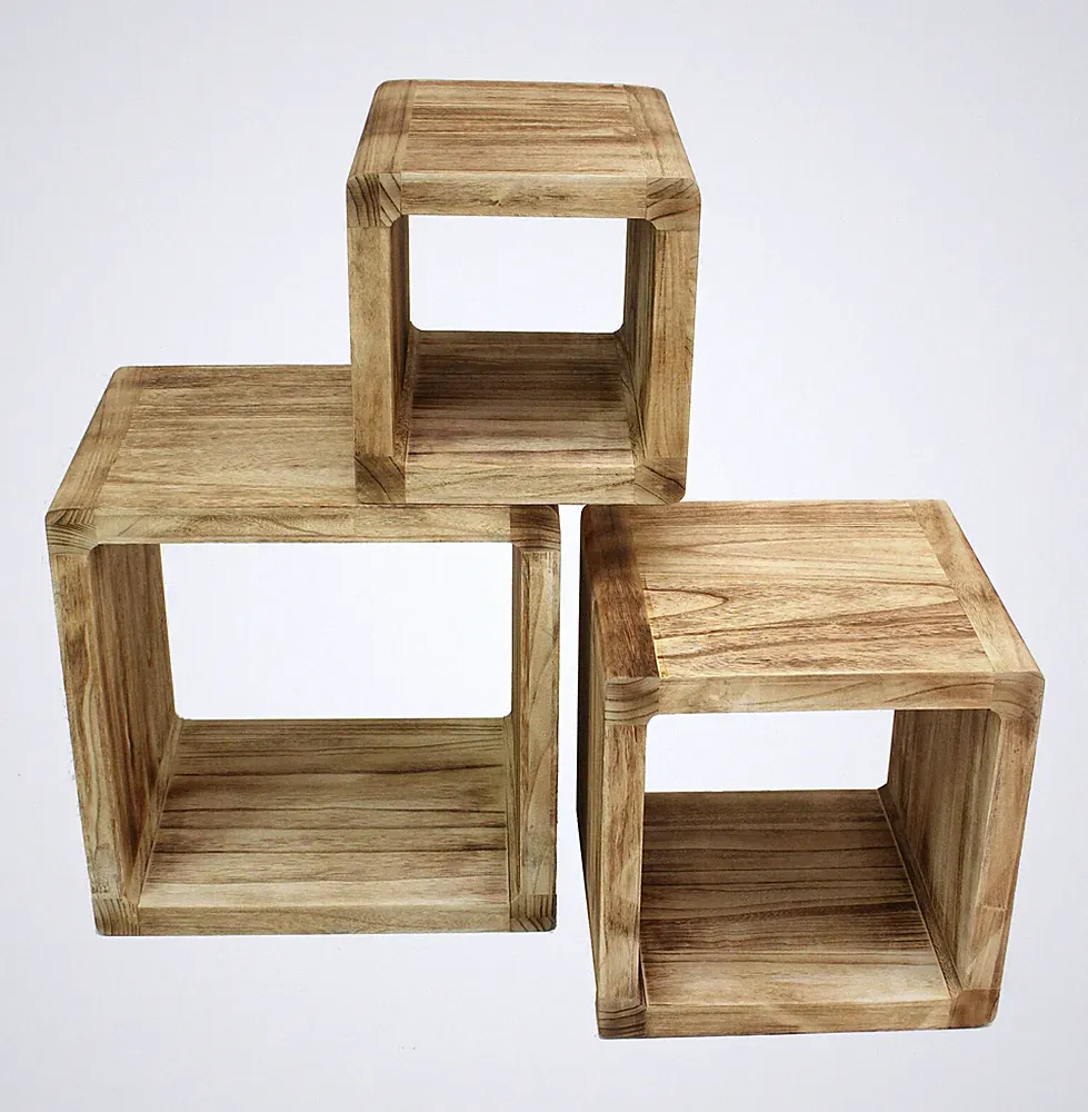 3er Set Regal-Cube 44x35cm Holzregal Holz Board Used-Design Würfelregal Natur