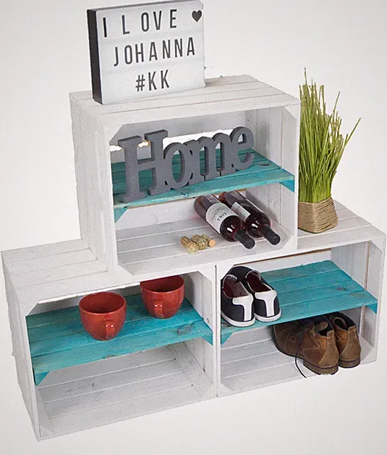 3er set Regalkiste Johanna weiß Längs türkis Holzkiste Weinkisten