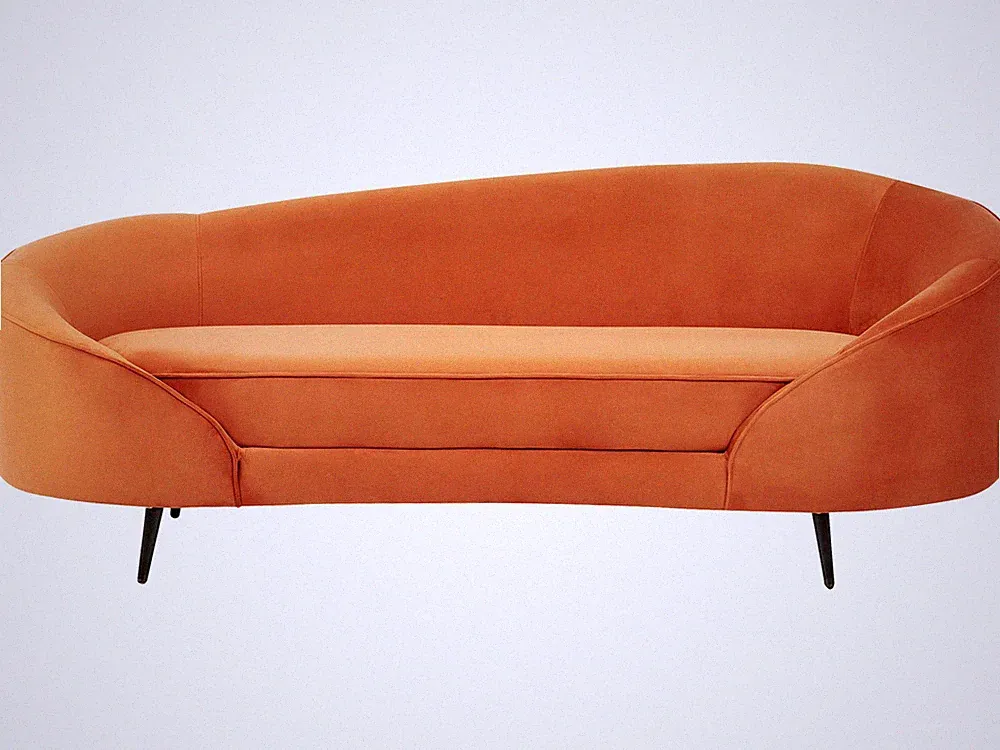 3er Sofa Samt orange gebogen oval mit goldenen Metallbeinen Retro Glam Savar