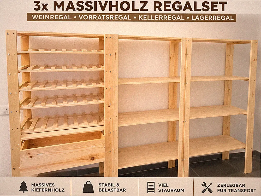 3x Massivholz Regal Weinregal Kellerregal Vorratsregal Holzregal Kiefer