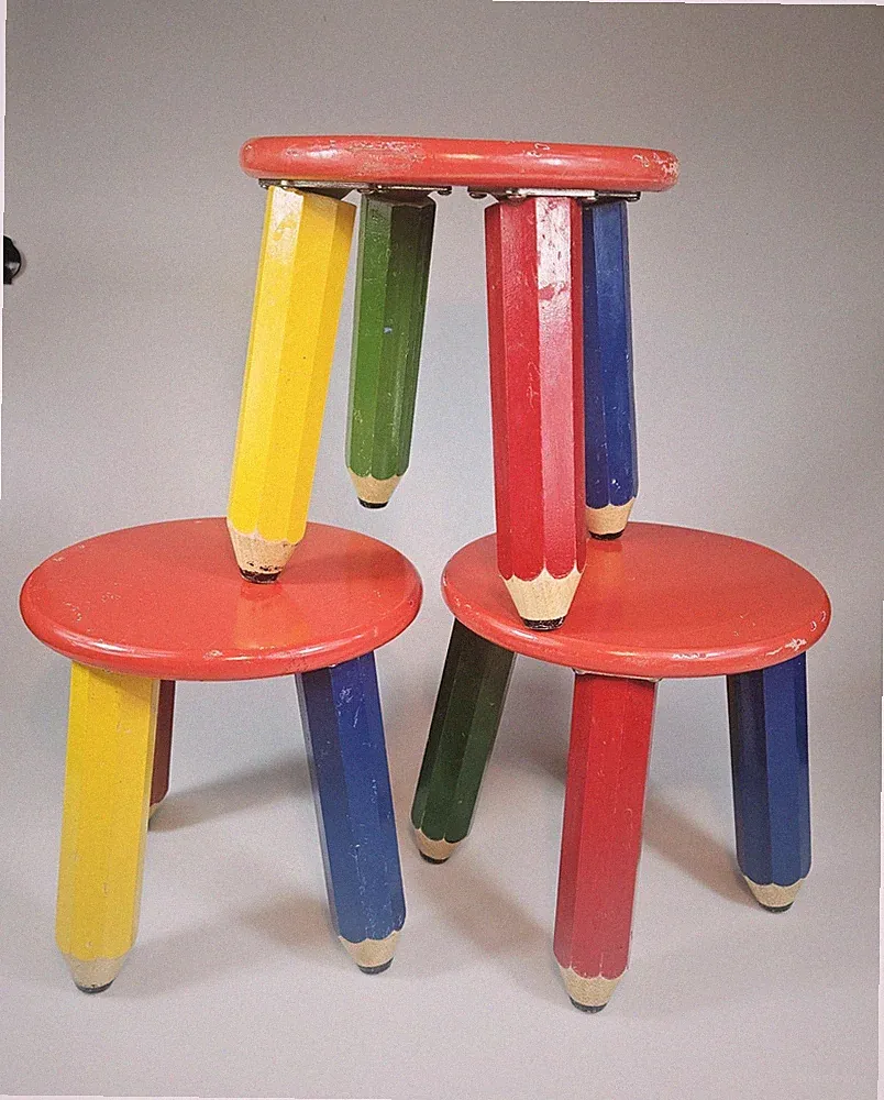 3x Vintage Kinderhocker Stift Design Holz bunt 80er Retro Kindermöbel 23cm