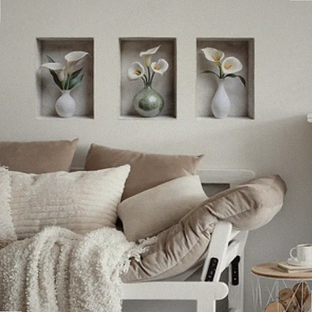 3x Wandbild 3D Wanddeko Aufkleber Blumen Vase Selbstklebende Wohnzimmer Pflanzen