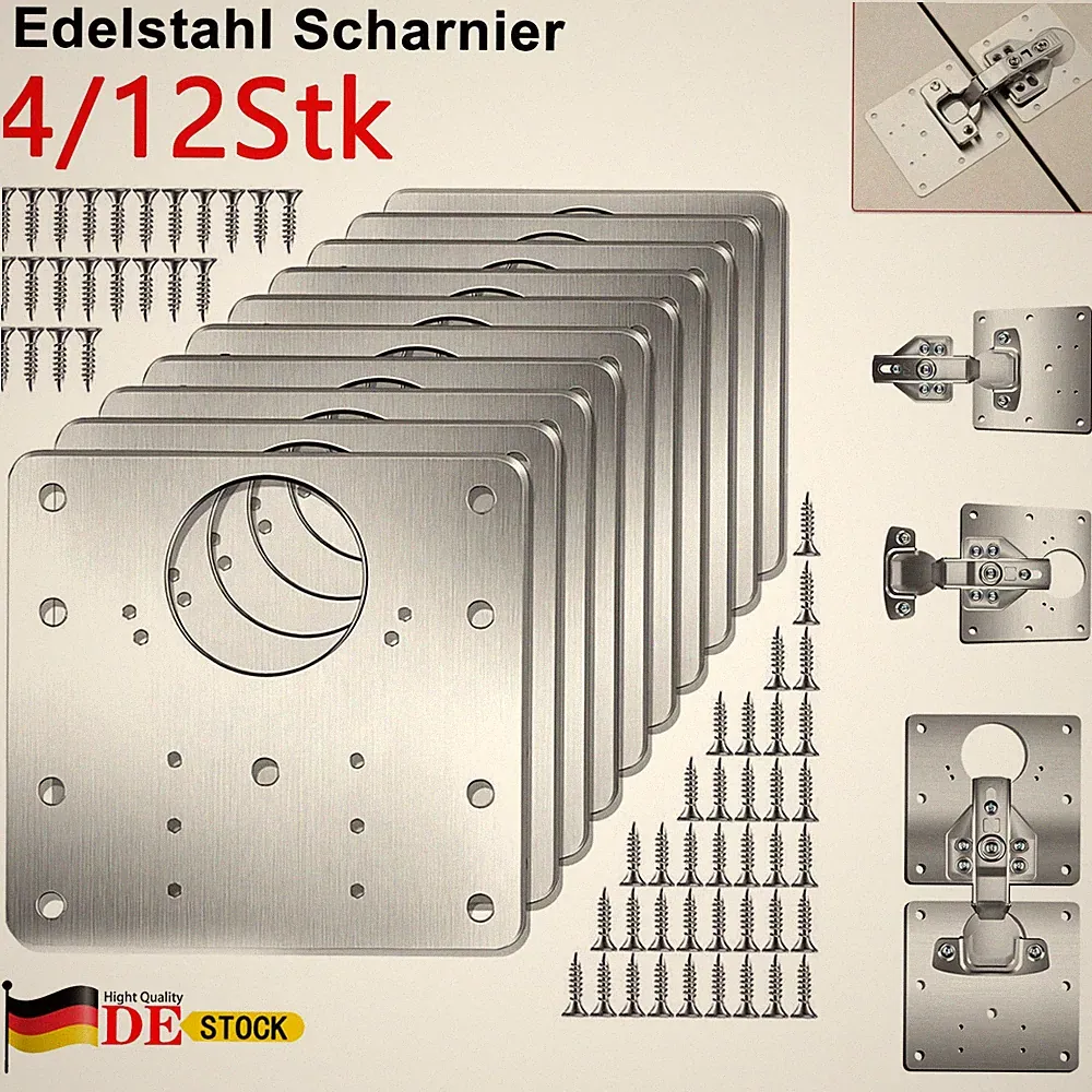 4/12x Schrankscharnier Reparaturplatte Möbel Reparatur Blech Edelstahl Schrauben