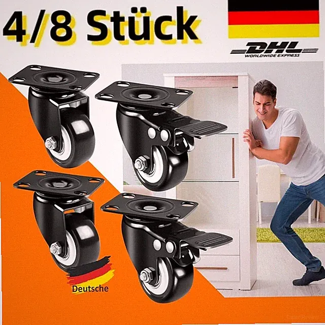 4/8 Stück Transportrollen mit Bremsen Schwerlastrollen Outdoor Gummiräder 360°