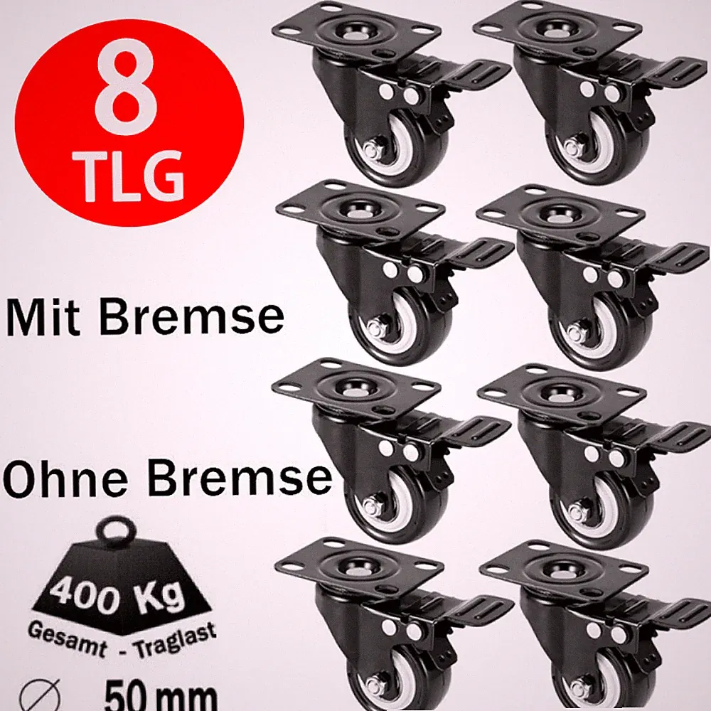 4/8x Schwerlastrollen Für Möbel 50mm Transportrollen Lenkrollen Mit Bremse 400KG