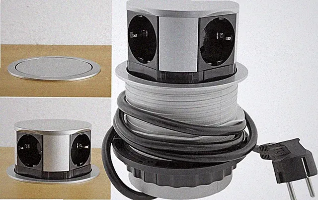 4-Fach Schreibtisch Einbausteckdose versenkbar Loch Ø100m Tiefe 100mm 16A 3600W
