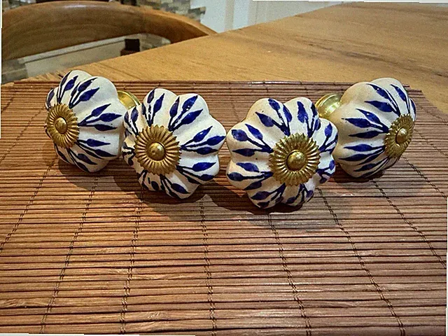 4× Keramik Möbelknopf / Möbelgriff – Blau-Weiß – Vintage / Landhausstil