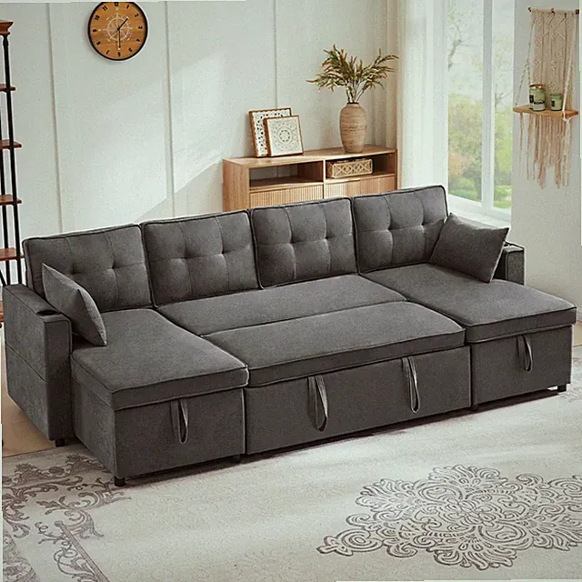 4 Sitzer Sofa Couch Stauraum Chaise, Schlafsofa mit Schlaffunktion Klappcouch