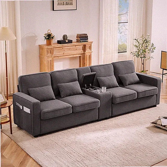 4 Sitzer Sofa Leinenstoff Sofa mit USB,Typ-C Port,Getränkehaltern Armlehnentasch