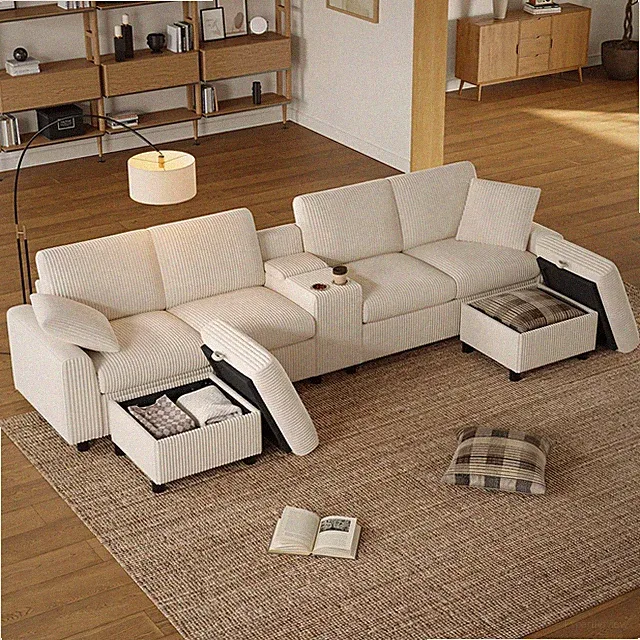 4 Sitzer Sofa mit 2 Fußhockern Staufunktion,Typ-C Port,Getränkehal, U-form Sofa