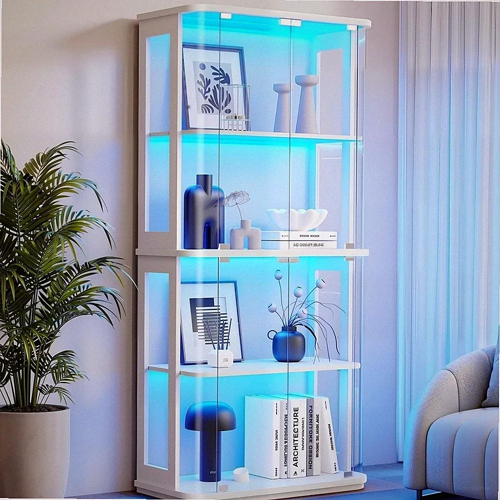 4-stöckige transparent Vitrine mit Glastür, Rundvitrine mit 3-Farben Beleuchtung