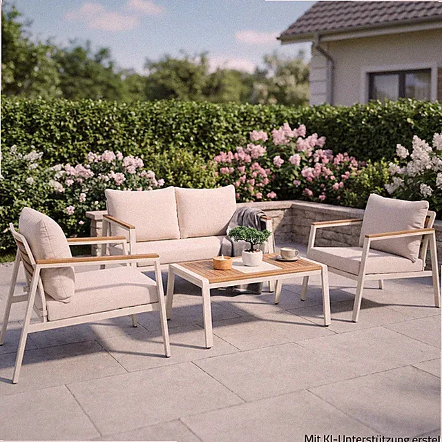 4-teiliges Garten-Lounge-Set - creme - Acacia - mit Kissen