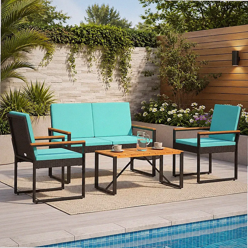 4-tlg. Gartenmöbel Set Lounge Gartensitzgruppe Polyrattan Schwarz Türkis