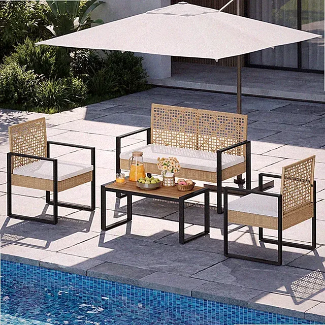 4-tlg Gartenmöbel-Set Rattan-Optik 1 Tisch 1 Zweisitzer-Sofa 2 Sessel Gartenset