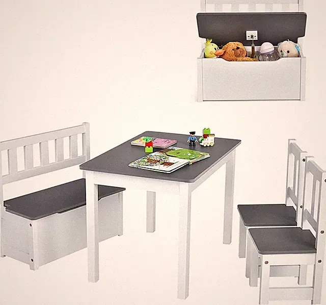 4 tlg. Kindersitzgruppe Holz Kindertisch Stühlen Sitzbank + Stauraum Kindermöbel