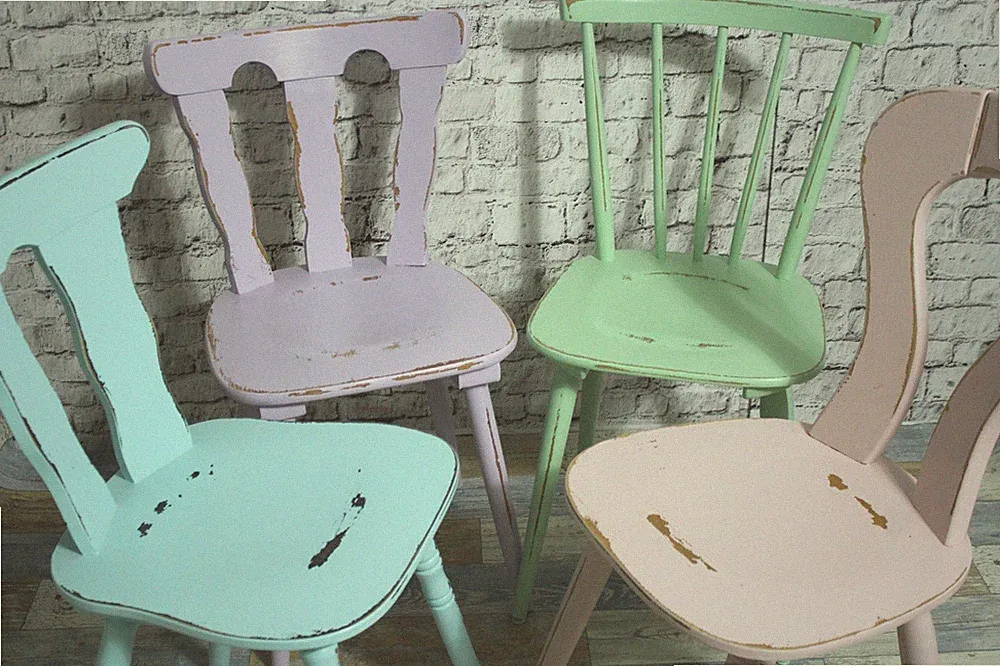 4 x alter Holzstuhl Stuhl Küchenstuhl bunt 60er Vintage Shabby Chic Möbel