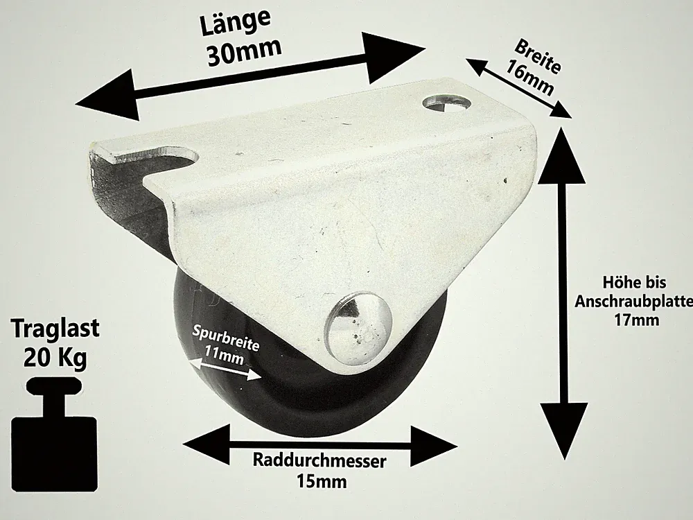 4 x Kunststoff Bettkasten Möbel Laufrolle Ø 15 mm Parkett Laminat Rollen 20 KG