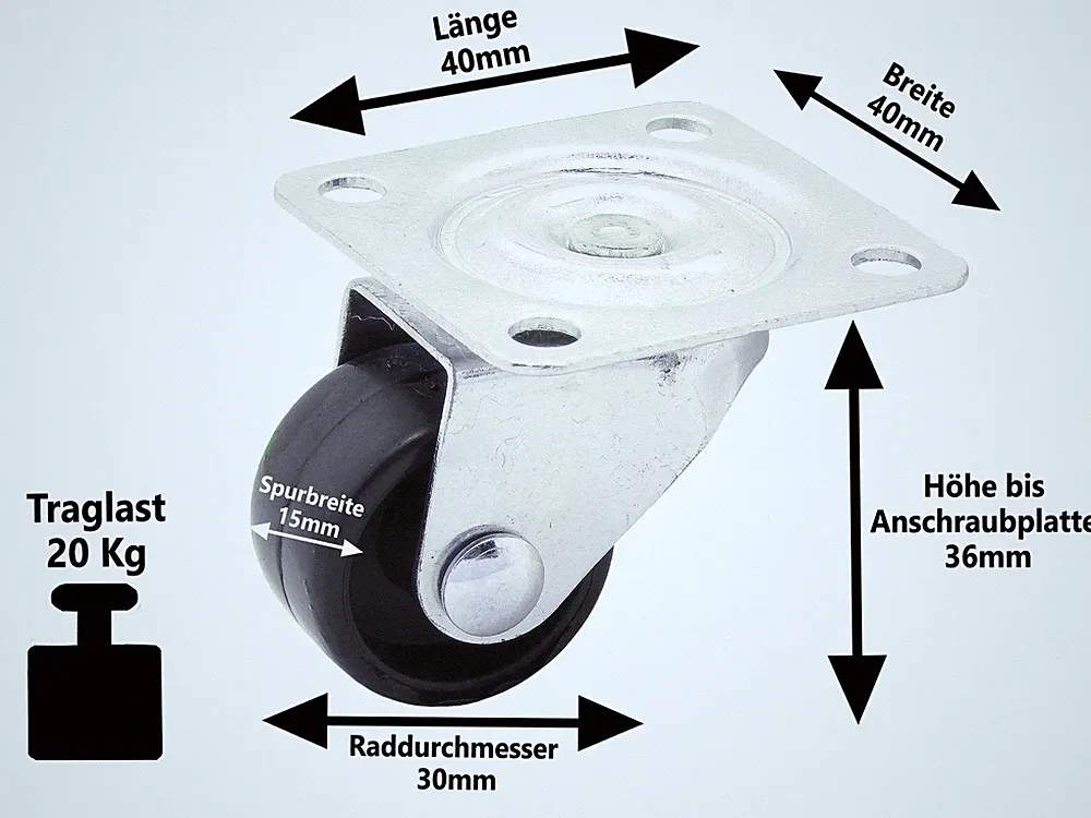4 x Kunststoff Möbel Lenkrolle Ø 30 mm Mini Parkett Laminat Lauf Rollen 20 KG