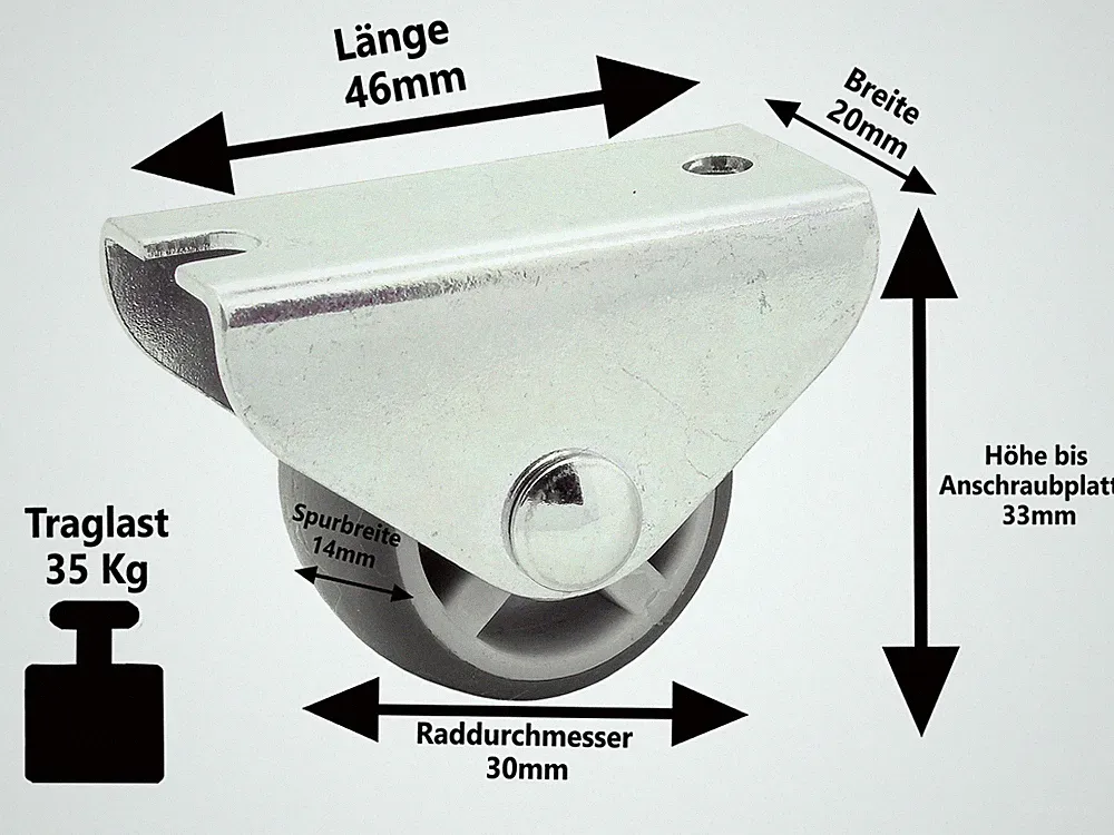 4 x Vollgummi Bettkasten Möbel Laufrolle Ø 30 mm Parkett Laminat Rollen 35 KG