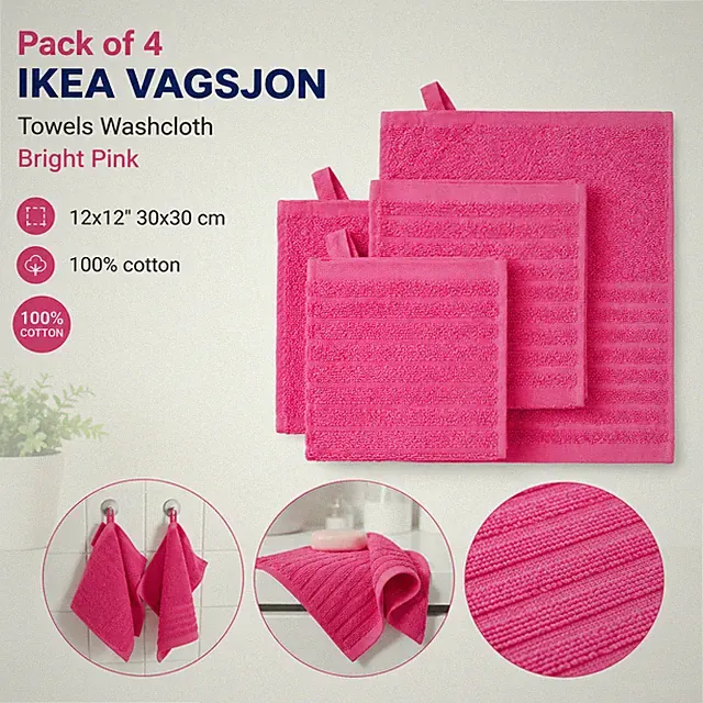 4er Pack IKEA VAGSJON Handtücher Waschlappen hellrosa 12x12" 30x30 cm 100% Ba...