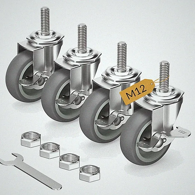 4er Set Lenkrollen 75mm mit Bremse - Schwerlast-Gummirollen für Möbel in Grau