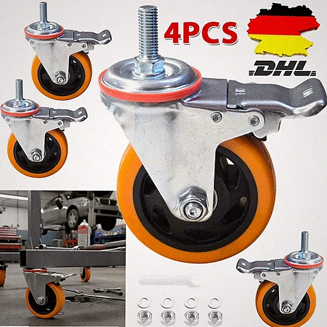 4er-set Lenkrollen mit Bremse 360° Transportrollen 100mm Räder Möbelrollen DHL