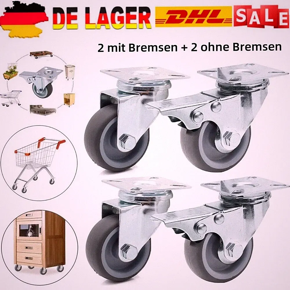 4er Set Möbelrollen Transportrollen Lenkrollen mit Bremse Bockrollen Räder 50mm